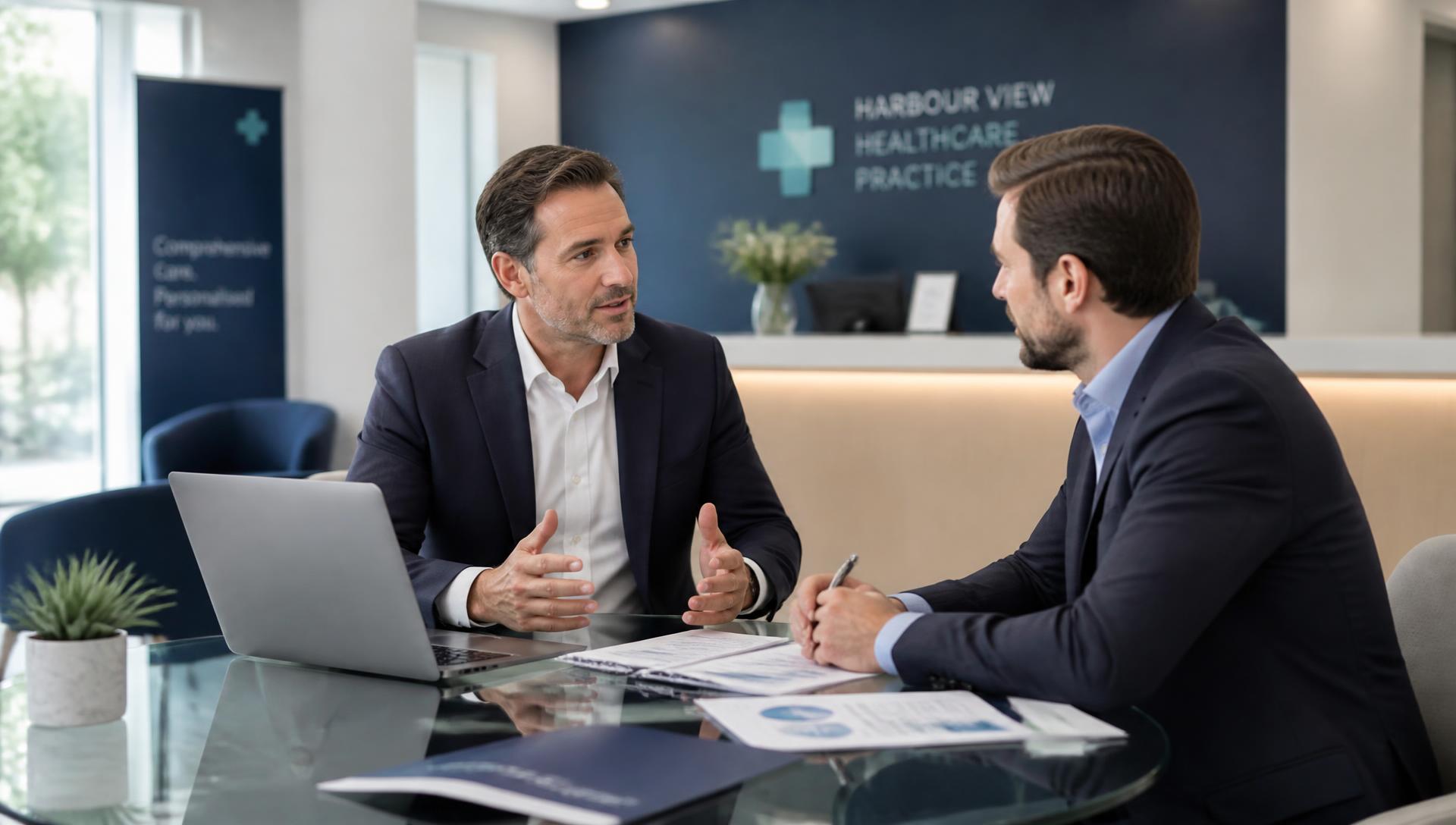 Healthcare business broker in discussion with a medical practice owner