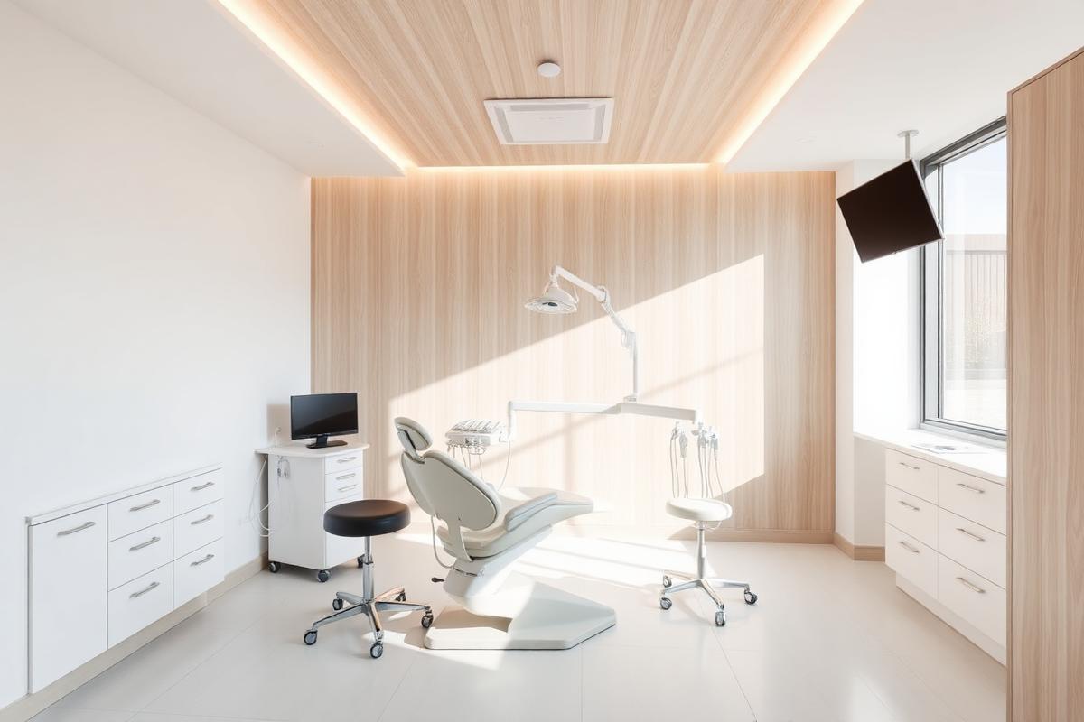 Contemporary dental surgery room with modern chair and equipment